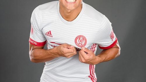 Yamil Asad models Atlanta United’s secondary jersey.