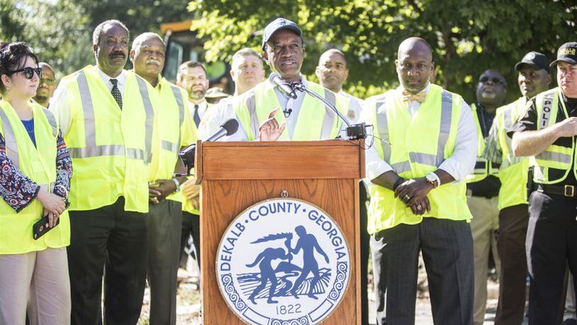 DeKalb County CEO Michael Thurmond announces the start of demolition for two buildings at Brannon Hill Condominiums with a news conference on Thursday, July 13. Chad Rhym/ Chad.Rhym@ajc.com