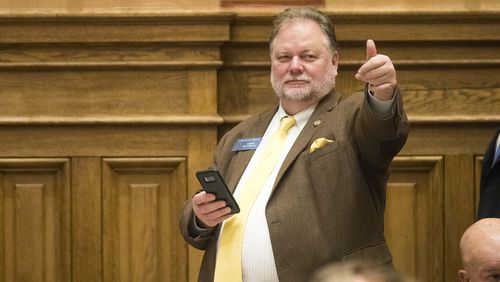 Georgia State Sen. Jeff Mullis, R-Chickamauga, gives a thumbs-up on the Senate floor during the Georgia Legislatures Crossover day, Thursday, March 12, 2020. (ALYSSA POINTER/ALYSSA.POINTER@AJC.COM)