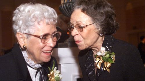 Catching up with each other at the annual Jack and Jill gala n 2002, Marian Scott, left, (cq) and Harriet Chisholm, right, (cq) founding members of the African American mother's group, enjoyed each other's company. Scott, the last remaining founding member, passed away. (JENNI GIRTMAN/STAFF)
