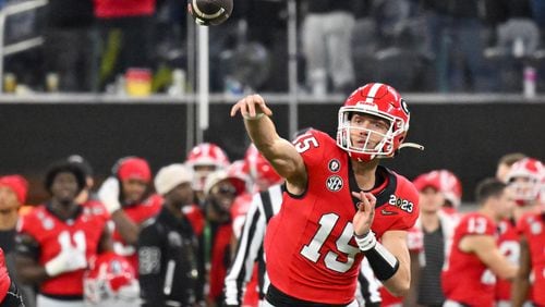 Bulldogs quarterback Carson Beck played in the College Football Playoff National Championship game in January against TCU. Beck hopes to be the starting QB this season for the two-time defending national champions. (Hyosub Shin file photo / Hyosub.Shin@ajc.com)