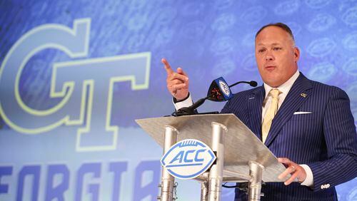 Georgia Tech head coach Geoff Collins answers a question during an Atlantic Coast Conference media days NCAA college football Atlantic news conference in Charlotte, N.C., Wednesday, July 21, 2021.
