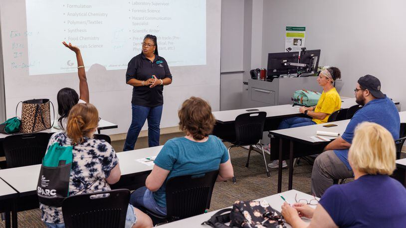 Patrice Bell, associate professor of chemistry, leads a Summer Preparatory Academic Resource Camps (SPARC) session for STEM majors at Georgia Gwinnett College on Thursday, July 7, 2022. The sessions introduce students to advisers, faculty, tutors and peers. (Arvin Temkar / arvin.temkar@ajc.com)