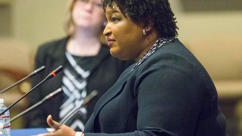 02/19/2019 -- Atlanta Georgia -- Fair Fight Action founder and Chair Stacey Abrams testifies about voting rights in Georgia during a field hearing on voting rights and difficulties facing voters in front of the United States House Administration Committee's elections subcommittee, chaired by U.S. Rep. Marcia Fudge, D-Ohio, at the Jimmy Carter Presidential Center in Atlanta, Tuesday, February 19, 2019. (ALYSSA POINTER/ALYSSA.POINTER@AJC.COM)
