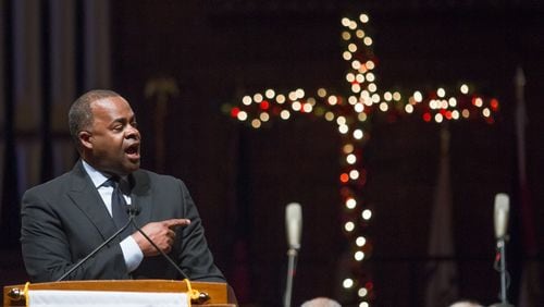 Former Atlanta Mayor Kasim Reed speaks during a December service in memory of late City Councilman Ivory Lee Young Jr. at Morehouse College. STEVE SCHAEFER / SPECIAL TO THE AJC