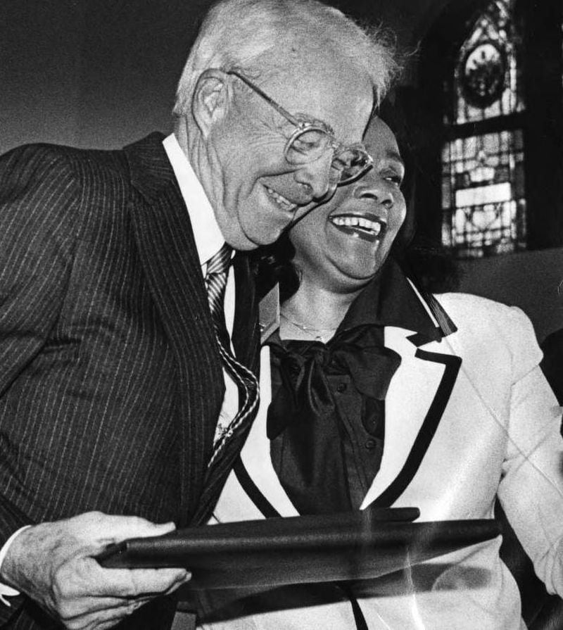 Former Atlanta mayor Ivan Allen, Jr. gets a hug and the "Martin Luther King, Jr. Nonviolence Peace Prize" from Coretta Scott King in 1981. Photo: The Atlanta Journal-Constitution collection at Georgia State University.