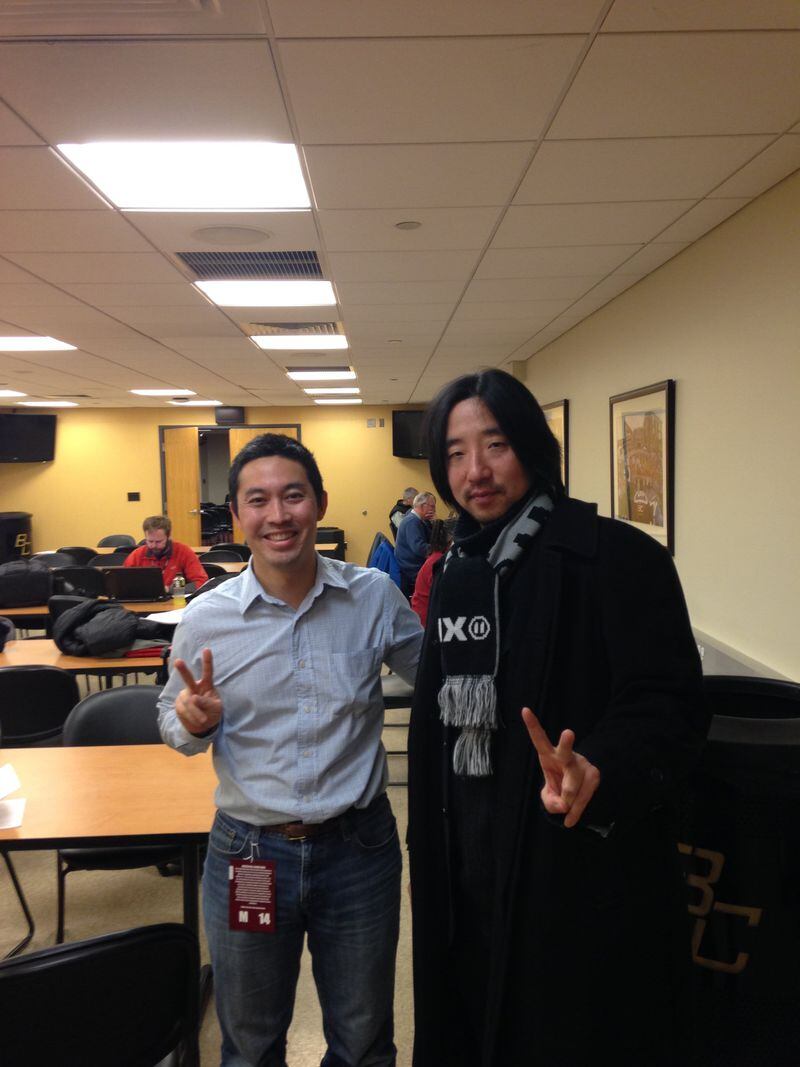 Daisuke Sugiura of Yahoo Japan (right) and I in the media room at the Conte Forum. The peace sign, for reasons I’m not sure of, is a popular hand gesture for photos in Japan.