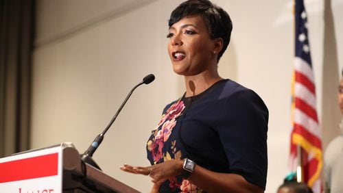Atlanta mayoral candidate Keisha Lance Bottoms speaks to supporters during her election watch party at the Hyatt Regency Atlanta on Nov. 7. PHOTO / JASON GETZ