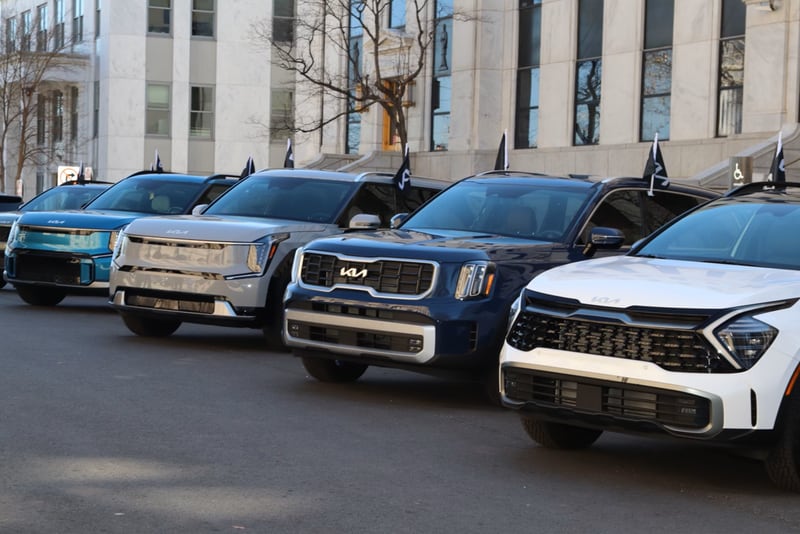 These are the first Kia EV9s to be built in Georgia at the company's West Point factory. They were parked outside the state Capitol on Feb. 13, 2024. (Courtesy of Kia America)