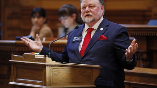 March 5, 2019 - Atlanta - Senator Jeff Mullis, sponsored SB 77, which provides protections for government statues, monuments, plaques, banners, and other commemorative symbols.   The legislature was in session for the 27th day of the 2019 General Assembly.   Bob Andres / bandres@ajc.com