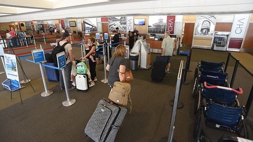 Passengers line up at the ticket counter at the Chattanooga Airport in 2022. Boardings are about 11% higher so far in 2023 at Lovell Field, according to airport figures. (Photo Courtesy of Matt Hamilton)