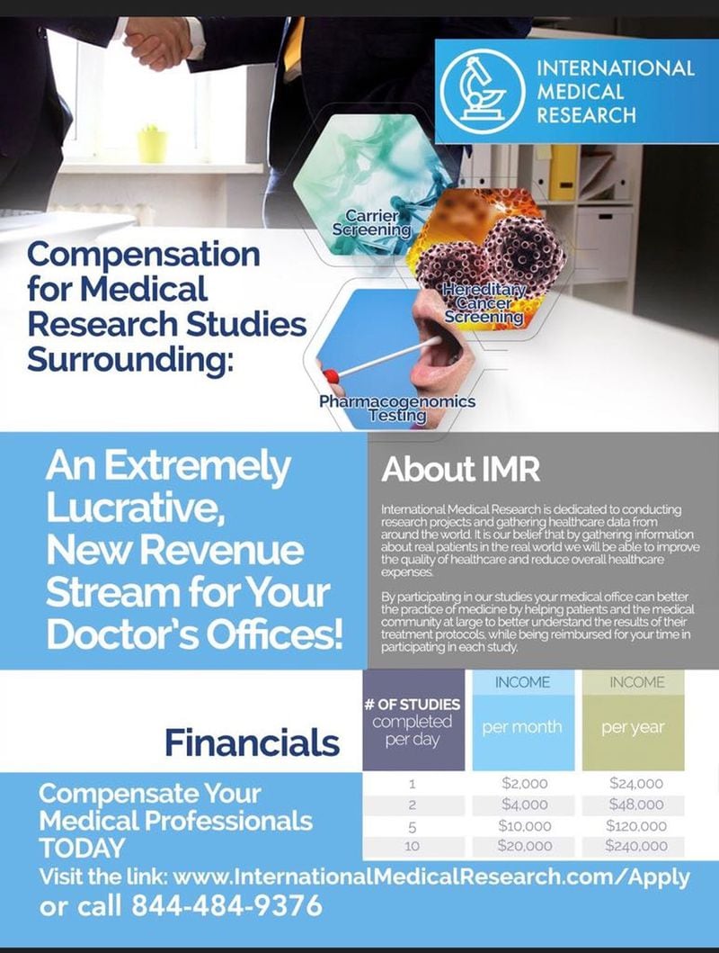 A marketing flier by International Medical Research, a company owned by former Georgia Insurance Commissioner John Oxendine, touts “an extremely lucrative, new revenue stream for your doctor’s offices.”