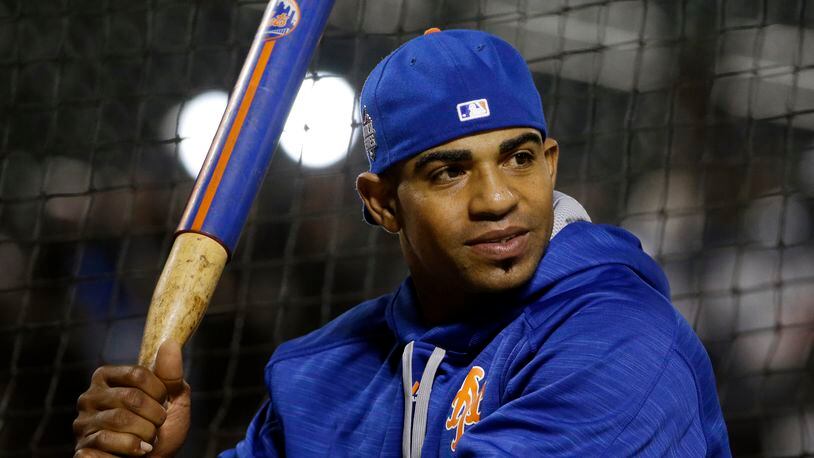 Yoenis Cepedes in BP before Game 5 of the World Series. (AP Photo/David J. Phillip)