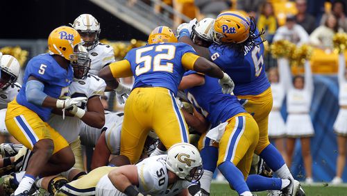 Tyrique Jarrett (6) of the Pittsburgh Panthers makes a defensive stop on 4th down late in the fourth quarter during the game against Georgia Tech Saturday at Heinz Field in Pittsburgh. (Photo by Justin K. Aller/Getty Images)