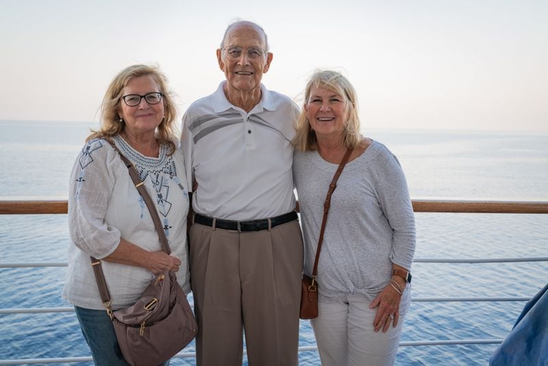 Aegean Odyssey with Road Scholar travel company's Great Global Get-Together: A Celebration of the Greek Islands, Monemvasia, Dad William Susie (center) with daughters Kimberly Davis (right) and Laureen Dover (left).