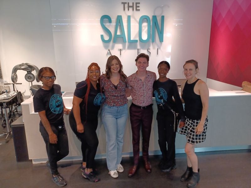 (ATLANTA, June 14, 2022) ArtsBridge Foundation finalists Georgia Thomas and Eli Talley (center) are joined by students of The Elaine Sterling Institute from left Quinteria Graves, Lenasia Randle, Tiffany Hargrove and the school's COO, Asha Sterling. Thomas and Talley got show-ready with hair, makeup, and nailcare help from the students in preparation for their national theatre competition at Broadway's Nederlander Theatre. The nominees are representing the state in a high school musical competition produced by the same presenters as the Tony Awards. The winners will be announced in New York City on June 27, 2022. CREDIT: Nicholas Wolaver for ESI/ArtsBridgeGA.org