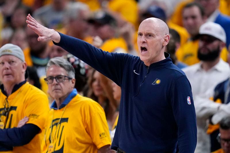 Indiana Pacers head coach Rick Carlisle directs his team during the second half against the Milwaukee Bucks in Game 6 in an NBA basketball first-round playoff series, Thursday, May 2, 2024, in Indianapolis. The Pacers won 120-98. (AP Photo/Michael Conroy)