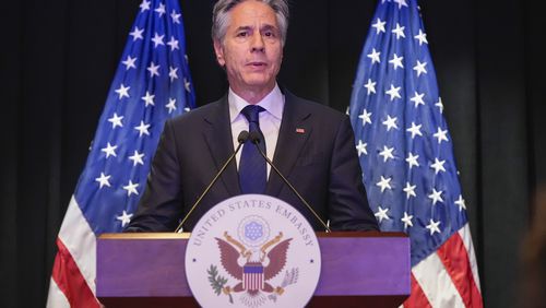 U.S. Secretary of State Antony Blinken speaks during a press conference at the U.S. Embassy in China, Friday, April 26, 2024, in Beijing, China. (AP Photo/Mark Schiefelbein, Pool)