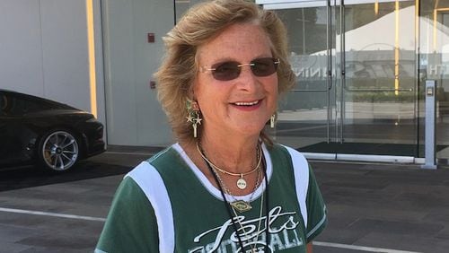 Former New York Jets scout Connie Carberg poses outside the Jets practice facility in Florham Park, N.J., Wednesday, Aug. 9, 2017. (AP Photo/Dennis Waszak Jr.)