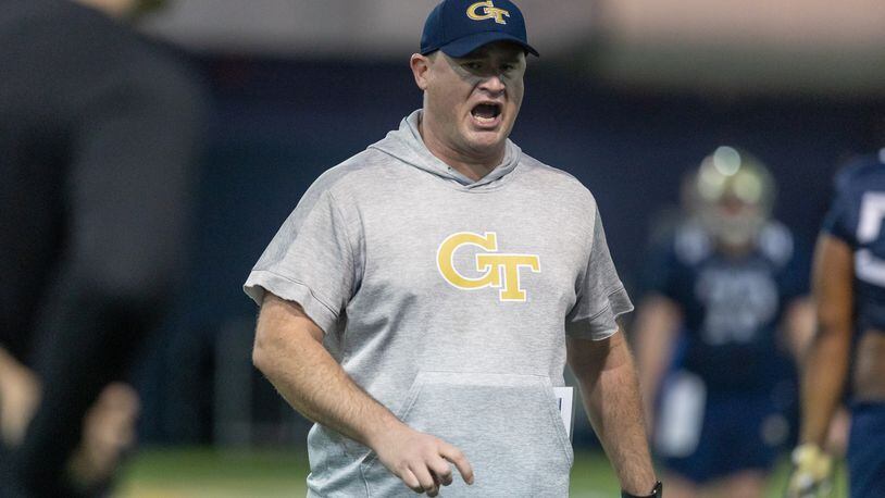 Assistant head coach Brent Key coaches during the first day of spring practice for Georgia Tech football at Alexander Rose Bowl Field in Atlanta. (Photo Jenn Finch)