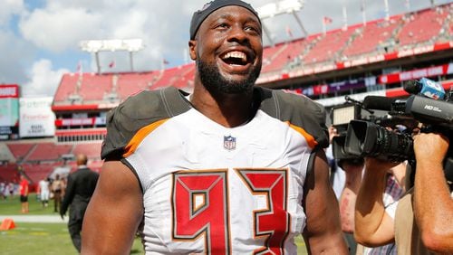 Gerald McCoy of the Tampa Bay Buccaneers reacts after they defeated the Philadelphia Eagles 27-21 at Raymond James Stadium on September 16, 2018 in Tampa, Florida.  (Photo by Michael Reaves/Getty Images)