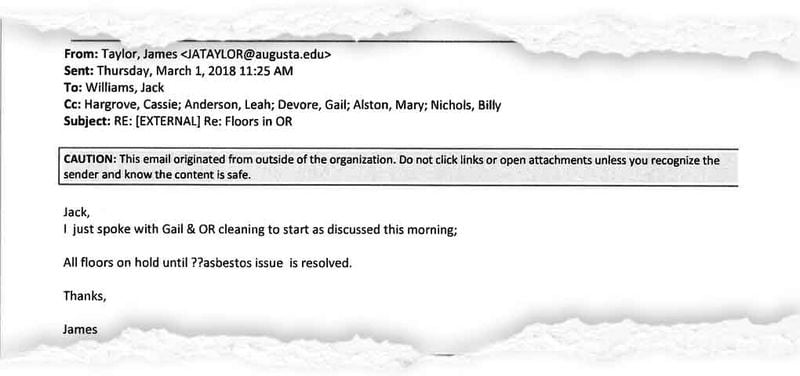 An email shows prison officials discussing the possibility of asbestos in the floor tiles at Augusta State Medical Prison on March 1.