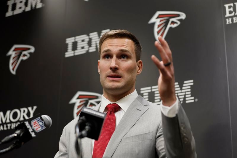 Atlanta Falcons quarterback Kirk Cousins answers questions during his introductory press conference at the Falcons practice facility in Flowery Branch on Wednesday, March 13, 2024.
Miguel Martinez/miguel.martinezjimenez@ajc.com