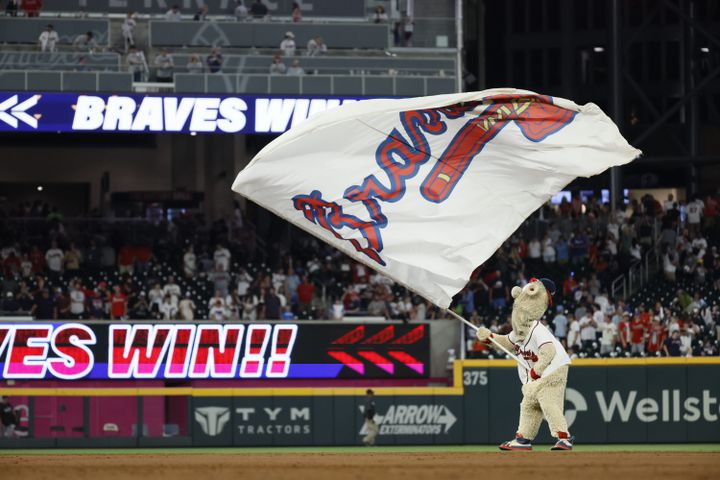 Braves mascot, the Blooper, waves the flag after the Braves beat the Colorado Rockies 8-3 at Truist Park on Thursday, June 15, 2023. Miguel Martinez / miguel.martinezjimenez@ajc.com 