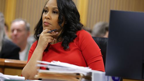 Fulton County District Attorney Fani Willis looks on during a hearing in the Trump Georgia case at the Fulton County Courthouse on Friday, March 1, 2024, in Atlanta. (Alex Slitz/Pool)