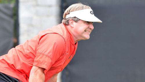 Georgia head coach Kirby Smart oversees the Bulldogs' practice session Friday, Aug. 2, 2019, on the Woodruff Practice Fields in Athens.