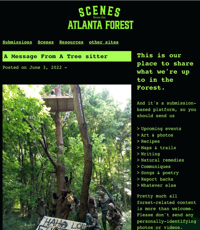 A screenshot of a post on "Scenes from the Atlanta Forest," a blog with contributions by far left activists trying to stop the construction of Atlanta's new public safety training center. The image shows one of the "tree sits" set up by activists in the South River Forest.