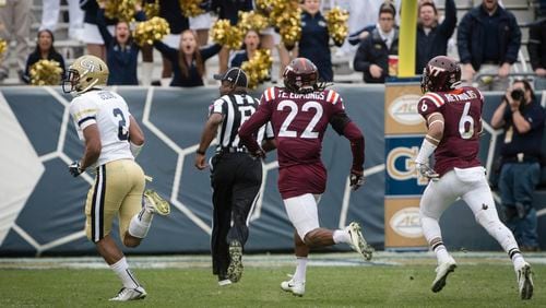Georgia Tech wide receiver Ricky Jeune (2) runs for a touchdown as Virginia Tech safety Terrell Edmunds (22) and defensive back Mook Reynolds (6) give chase during the fourth quarter of a football game on Saturday, Nov.11, 2017, in Atlanta. (Photo/John Amis)