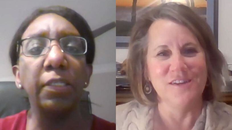 DeKalb's deputy ethics officer LaTonya Nix Wiley, left, and former county ethics officer Stacey Kalberman during a recent virtual meeting of the DeKalb Board of Ethics. SCREENSHOT