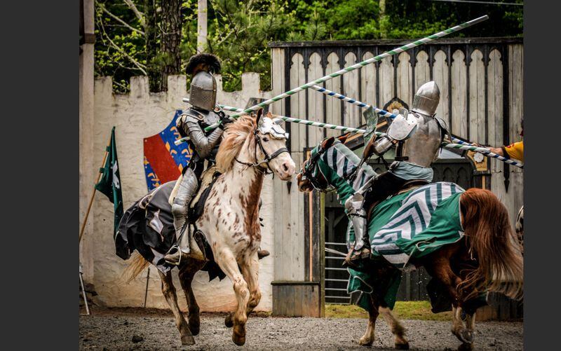 Knights in shining armor joust upon steeds at the The Georgia Renaissance Festival weekends April 15-June 4.