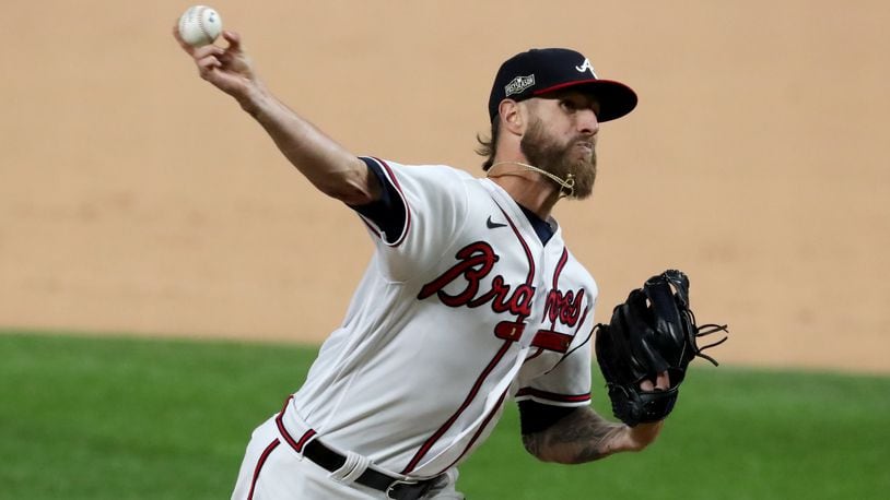 Oct. 15, 2020 - Arlington - Atlanta Braves relief pitcher Shane Greene delivers against the Los Angeles Dodgers during the ninth inning in Game 4 Thursday, Oct. 15, 2020, for the best-of-seven National League Championship Series at Globe Life Field in Arlington, Texas. The Braves won 10-2. (Curtis Compton / Curtis.Compton@ajc.com)