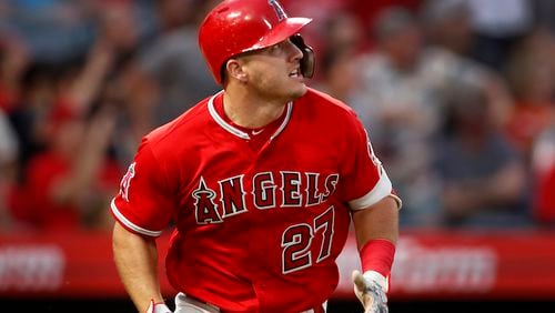 The Los Angeles Angels' Mike Trout watches the flight of his solo home run against the San Francisco Giants at Angel Stadium in Anaheim, Calif., on April 21, 2018. (Allen J. Schaben/Los Angeles Times/TNS)