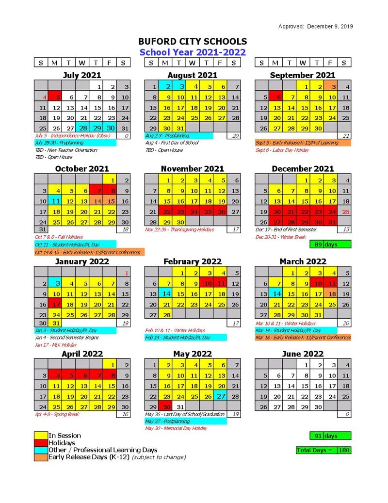Buford City Schools 2021-2022 school calendar