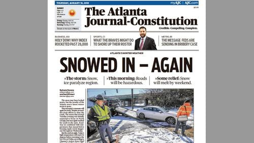 Front page of The Atlanta Journal-Constitution for Jan. 18, 2018