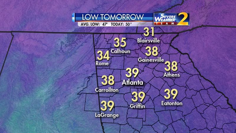 Temperatures are expected to drop to freezing in the mountain counties and to the mid-30s in northwest Georgia. (Credit: Channel 2 Action News)