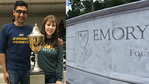 Emory University seniors Viveth Karthikeyan and Kristen Lowe (left) took home the championship trophy at the 2017 American Debate Association National Championship.