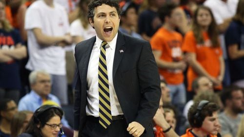 CHARLOTTESVILLE, VA - FEBRUARY 21: Head coach Josh Pastner of the Georgia Tech Yellow Jackets reacts to a play in the first half during a game against the Virginia Cavaliers at John Paul Jones Arena on February 21, 2018 in Charlottesville, Virginia. (Photo by Ryan M. Kelly/Getty Images)