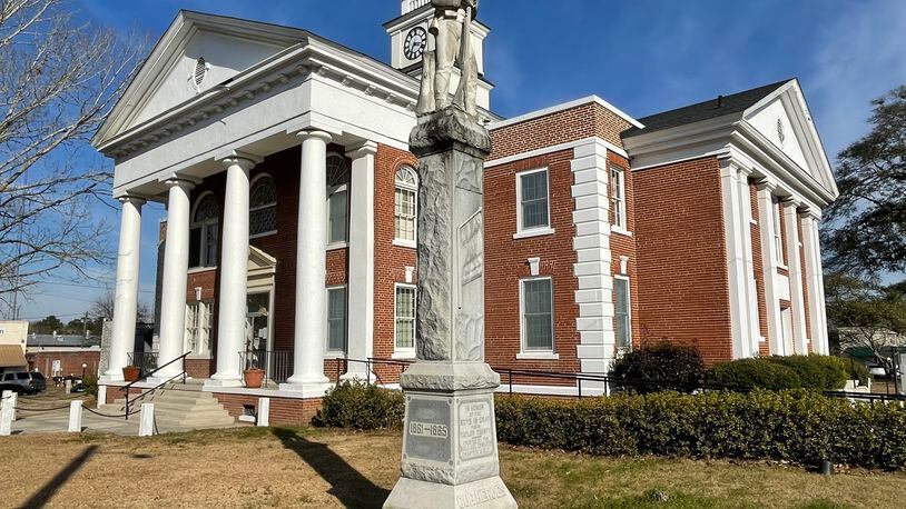 A statue of a Confederate soldier with the inscription "Our Heroes" stands in front of the Taylor County Courthouse in the middle Georgia city of Butler.