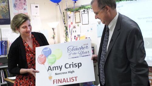 Amy Crisp was one of six Gwinnett County teachers surprised in class with the announcement that they were finalists for the district's Teacher of the Year award.