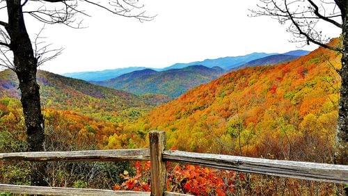 Fall leaf color as seen from Hogpen Gap along the Richard Russell Scenic Highway in North Georgia. (Charles Seabrook for The Atlanta Journal-Constitution)