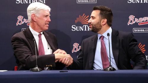 The Atlanta Braves Chairman and CEO Terry McGuirk introduces new GM Alex Anthopoulos during a press conference on Monday, November 13, 2017, at SunTrust Park in Atlanta.    Curtis Compton/ccompton@ajc.com