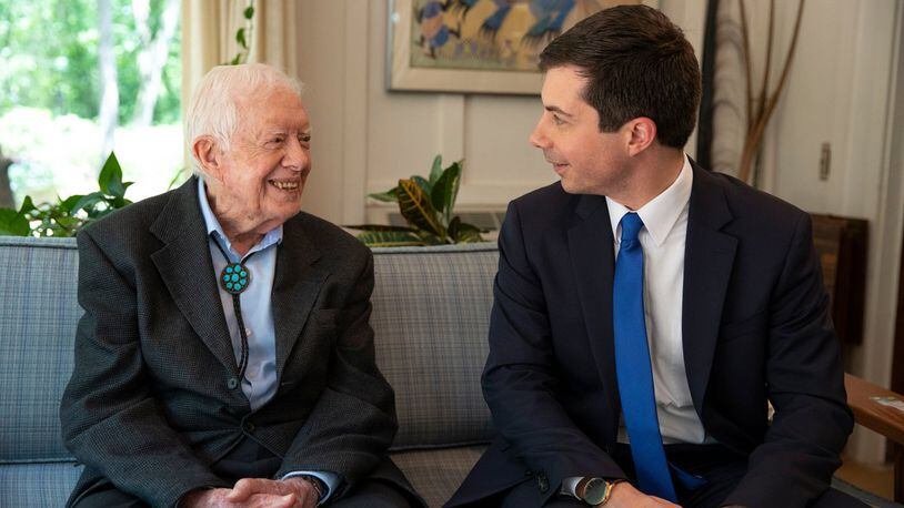 Democratic presidential candidate Pete Buttigieg meets with former President Jimmy Carter in Plains on May 5, 2019. File.