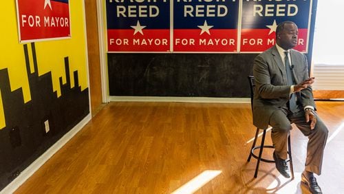 Former mayor Kasim Reed accepts an endorsement from the International Association of Fire Fighters Local 134 at Reed's campaign headquarters on Thursday, Oct. 7, 2021.  (Jenni Girtman for The Atlanta Journal-Constitution)
