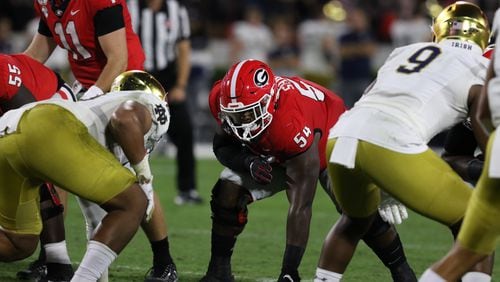 Georgia offensive lineman Justin Shaffer (54) during the Bulldogs' game against the Notre Dame Leprechauns on Dooley Field at Sanford Stadium in Athens, Ga., on Sat., Sept. 21, 2019. (Photo by Chamberlain Smith)