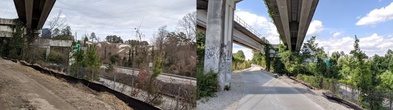 The middle section of the new segment of PATH400 passes under MARTA rail lines and above Ga. 400. It was a dirt right of way on Feb. 3 (left), and was paved by May 30 (right). It is expected to open to the public in October, linking segments running into Buckhead neighborhoods to the north and to Lindbergh in the south. TY TAGAMI / AJC