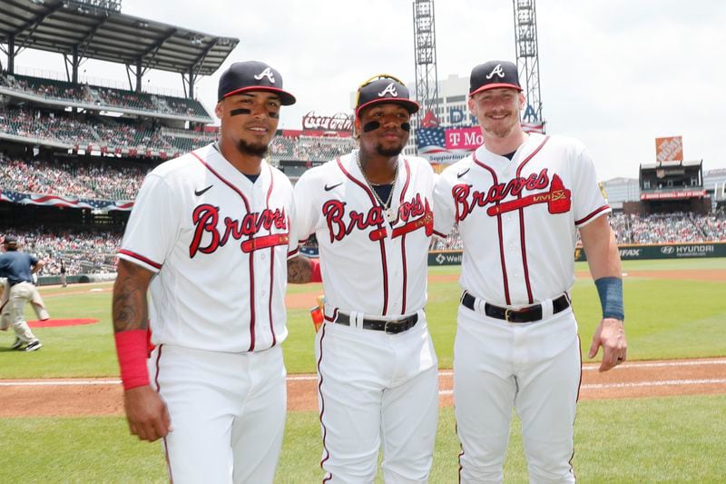 Braves All-Star starters players shortstop Orlando Arcia, second base Ronald Acuna Jr, and catcher Sean Murphy got recognized prior to the game against Miami Marlins at Truist Park, Sunday, July 2, 2023, in Atlanta. 
Miguel Martinez / miguel.martinezjimenez@ajc.com 